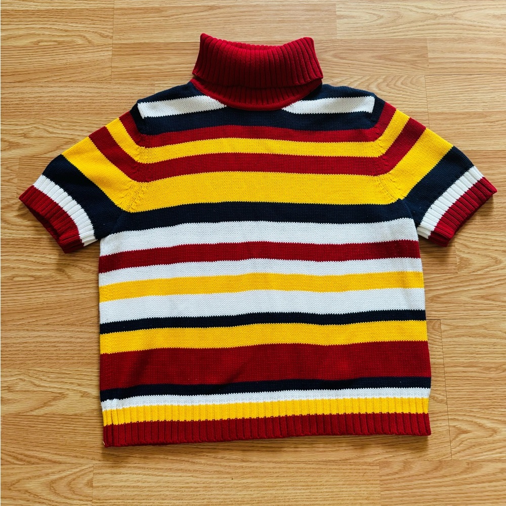 100% cotton Retro Pullover Sweater Turtleneck Short Sleeve striped vintage EUC L